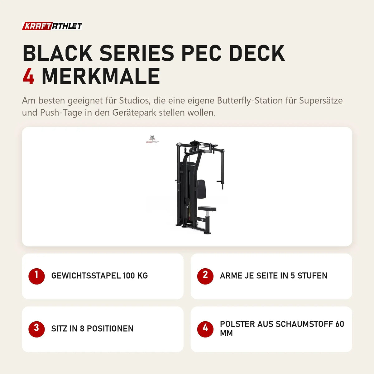 Titanium Strength Black Series Pec Deck mit 4 Merkmalen: Gewichtsstapel 100 kg, Arme je Seite in 5 Stufen, Sitz in 8 Positionen, Polster aus Schaumstoff 60 mm