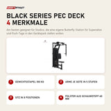 Titanium Strength Black Series Pec Deck mit 4 Merkmalen: Gewichtsstapel 100 kg, Arme je Seite in 5 Stufen, Sitz in 8 Positionen, Polster aus Schaumstoff 60 mm