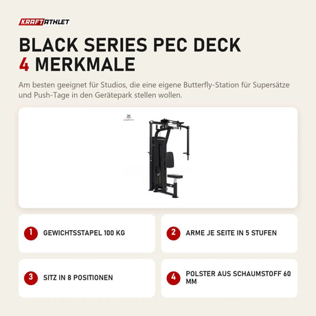 Titanium Strength Black Series Pec Deck mit 4 Merkmalen: Gewichtsstapel 100 kg, Arme je Seite in 5 Stufen, Sitz in 8 Positionen, Polster aus Schaumstoff 60 mm