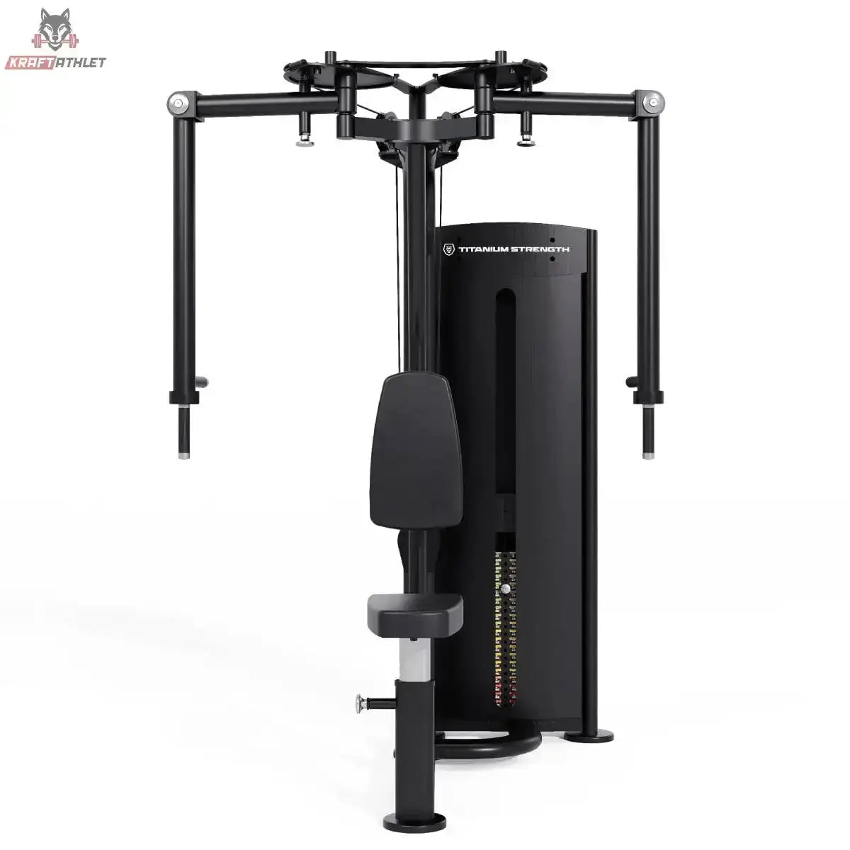 Titanium Strength Black Series Pec Deck – Vorderansicht mit ausgebreiteten Schwenkarmen und Sitz, schwarz