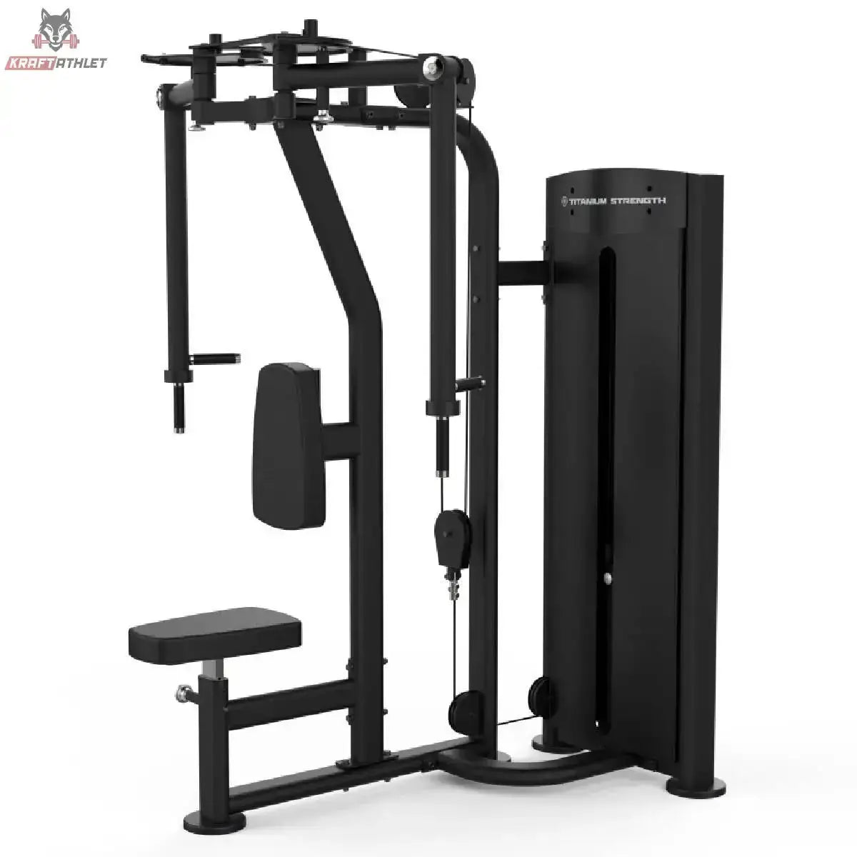Titanium Strength Black Series Pec Fly & Rear Delt: Schrägansicht von rechts mit Gewichtsturm dahinter, in Schwarz