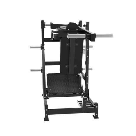 Titanium Strength Black Series Pendulum Hack Squat in Schwarz, Frontansicht mit Rückenpolster und Fußplatte
