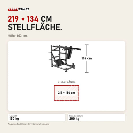 Maßbild Titanium Strength Black Series Pendulum Hack Squat: Stellfläche 219 × 134 cm, Höhe 162 cm