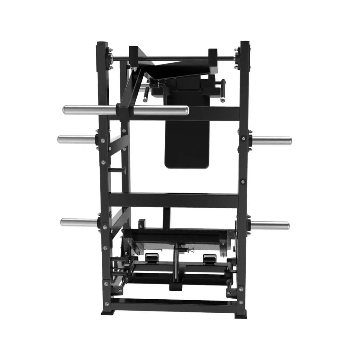 Titanium Strength Black Series Pendulum Hack Squat in Schwarz, Rückansicht mit Rahmen und Scheibenhaltern