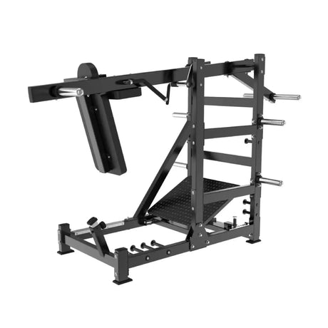 Titanium Strength Black Series Pendulum Hack Squat in Schwarz, Schrägansicht von rechts mit Pendelarm