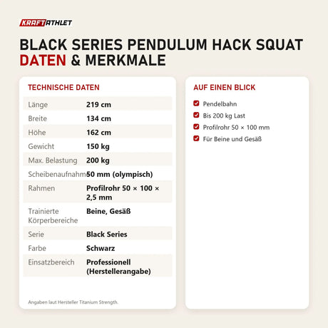 Technische Daten und Merkmale von Titanium Strength Black Series Pendulum Hack Squat als Tabelle