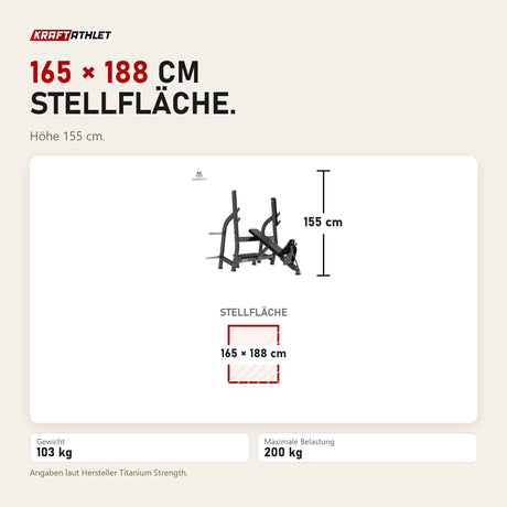 Maßbild Titanium Strength Black Series Positiv Geneigte Olympische Drückbank: Stellfläche 165 × 188 cm, Höhe 155 cm