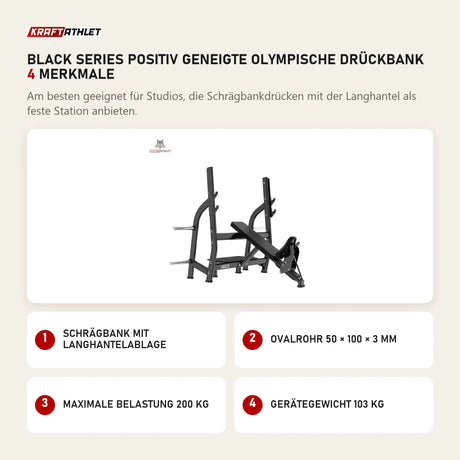 Titanium Strength Black Series Positiv Geneigte Olympische Drückbank mit 4 Merkmalen: Schrägbank mit Langhantelablage, Ovalrohr 50 × 100 × 3 mm, Maximale Belastung 200 kg, Gerätegewicht 103 kg