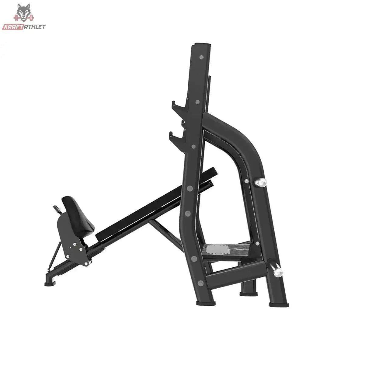 Titanium Strength Black Series Positiv Geneigte Olympische Drückbank: Seitenansicht mit geneigter Liegefläche und Ständern
