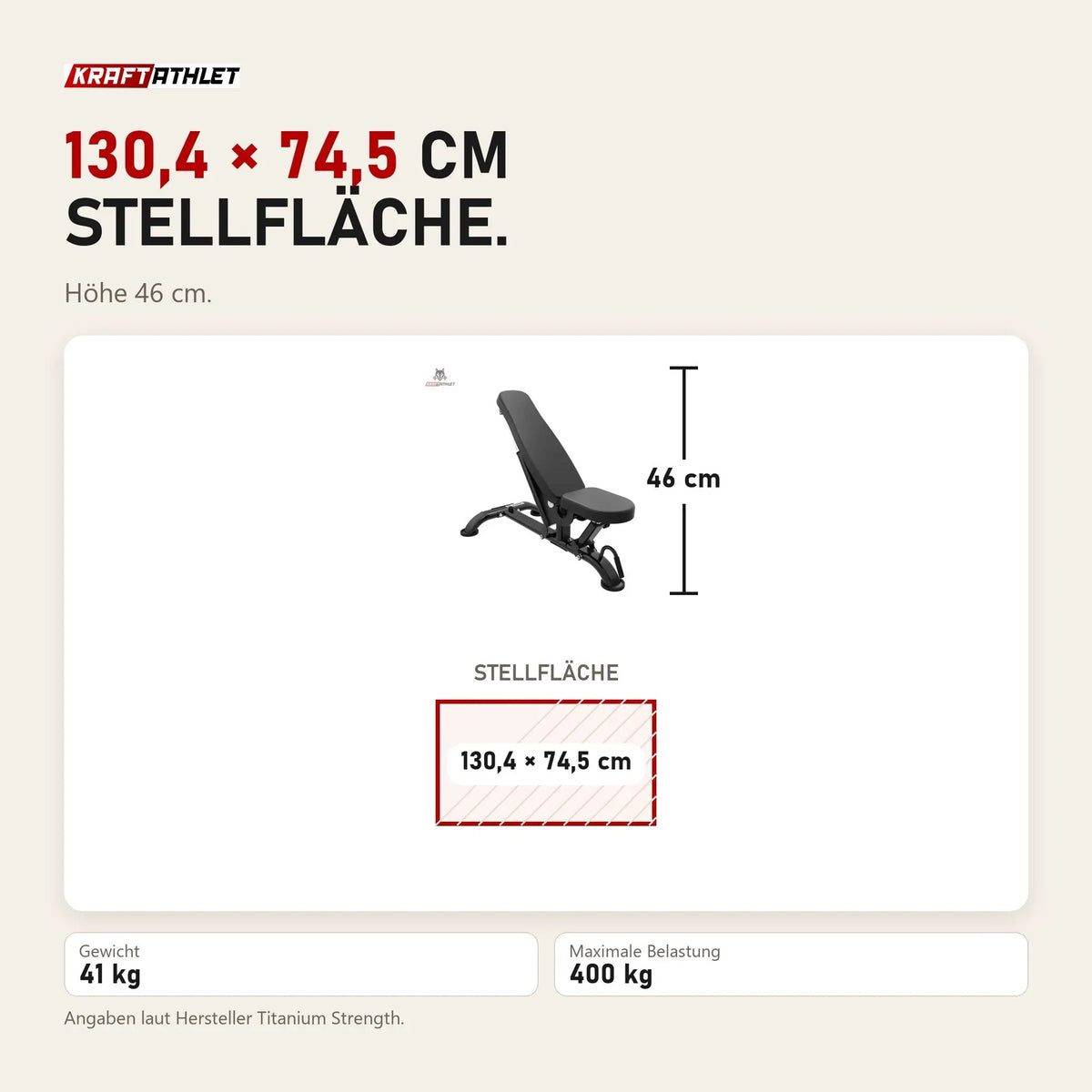 Maßbild Titanium Strength Black Series Pro FID Multi-Positions Bank: Stellfläche 130,4 × 74,5 cm, Höhe 46 cm