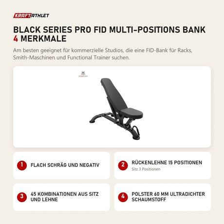 Titanium Strength Black Series Pro FID Multi-Positions Bank mit 4 Merkmalen: Flach schräg und negativ, Rückenlehne 15 Positionen, 45 Kombinationen aus Sitz und Lehne, Polster 60 mm ultradichter Schaumstoff