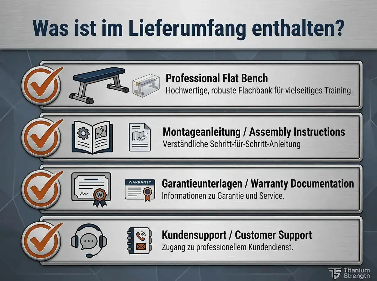 Titanium Strength Black Series Professionelle Flachbank, Grafik zum Lieferumfang mit Bank und Anleitung
