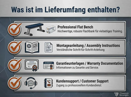 Titanium Strength Black Series Professionelle Flachbank, Grafik zum Lieferumfang mit Bank und Anleitung