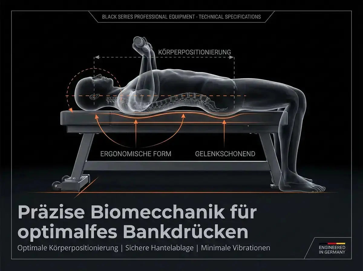 Titanium Strength Black Series Professionelle Flachbank, Grafik mit Person in Liegeposition beim Bankdrücken