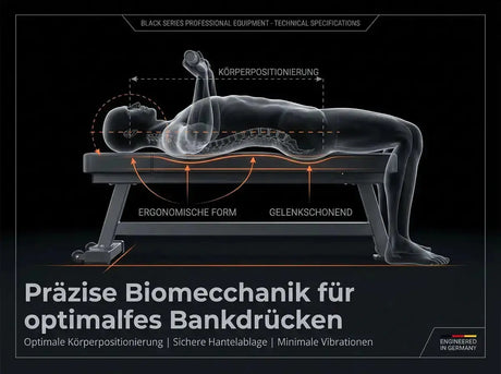 Titanium Strength Black Series Professionelle Flachbank, Grafik mit Person in Liegeposition beim Bankdrücken