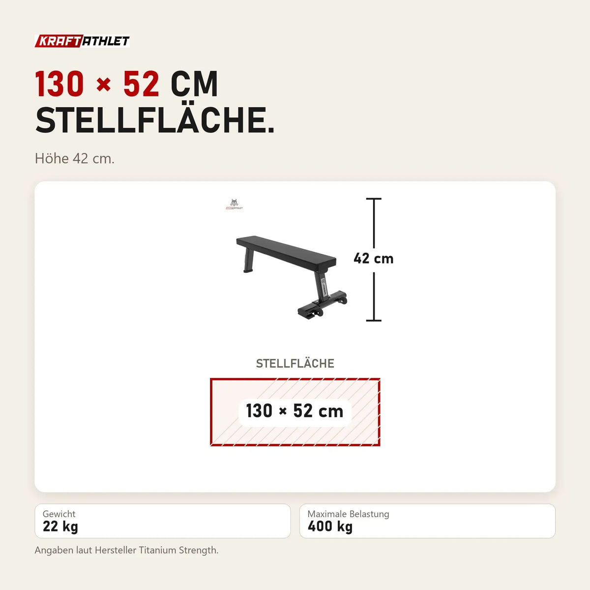 Maßbild Titanium Strength Black Series Professionelle Flachbank: Stellfläche 130 × 52 cm, Höhe 42 cm