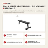 Titanium Strength Black Series Professionelle Flachbank mit 4 Merkmalen: Dreipunkt-Design, Ovalrohr 50 × 100 × 3 mm, Maximale Belastung 400 kg, Polster 6 cm mit rutschfestem Bezug