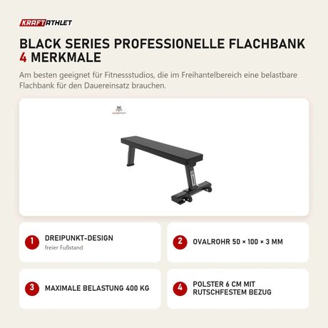 Titanium Strength Black Series Professionelle Flachbank mit 4 Merkmalen: Dreipunkt-Design, Ovalrohr 50 × 100 × 3 mm, Maximale Belastung 400 kg, Polster 6 cm mit rutschfestem Bezug