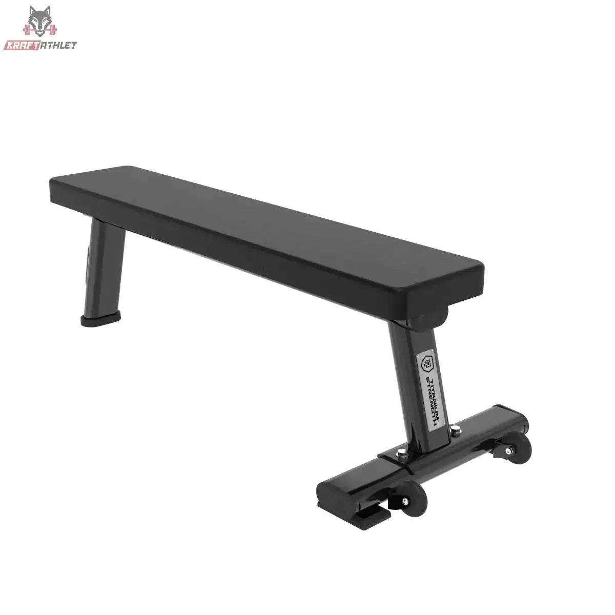 Titanium Strength Black Series Professionelle Flachbank, Schrägansicht von vorn mit Transportrollen