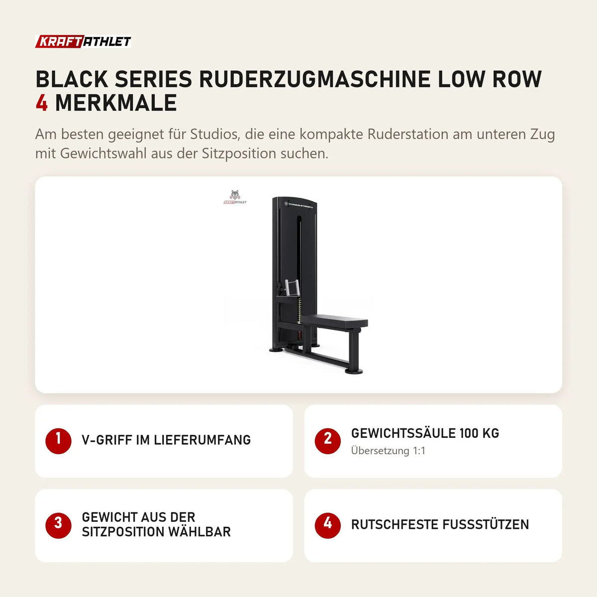 Titanium Strength Black Series Ruderzugmaschine Low Row mit 4 Merkmalen: V-Griff im Lieferumfang, Gewichtssäule 100 kg, Gewicht aus der Sitzposition wählbar, Rutschfeste Fußstützen