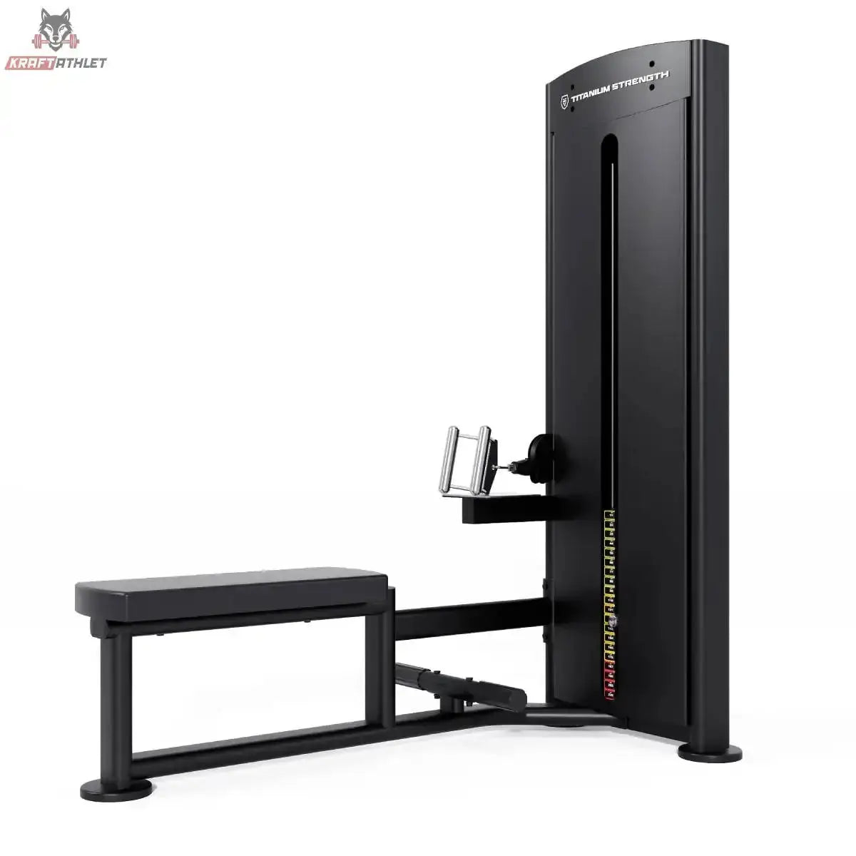 Titanium Strength Black Series Ruderzugmaschine Low Row – Schrägansicht von der anderen Seite mit Sitzbank und Fußstütze, schwarz