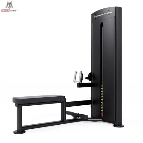 Titanium Strength Black Series Ruderzugmaschine Low Row – Schrägansicht von der anderen Seite mit Sitzbank und Fußstütze, schwarz