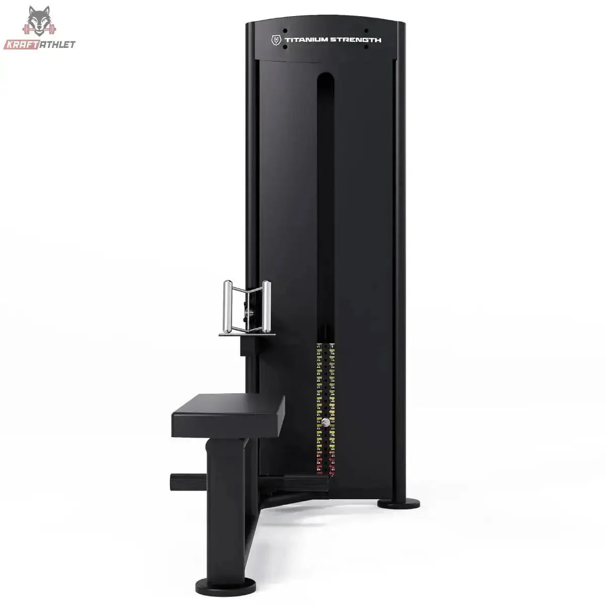 Titanium Strength Black Series Ruderzugmaschine Low Row – Frontansicht vom Sitzende mit Griff und Gewichtsturm, schwarz