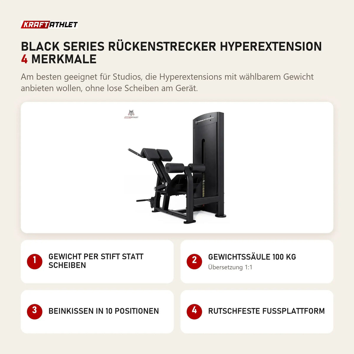 Titanium Strength Black Series Rückenstrecker Hyperextension mit 4 Merkmalen: Gewicht per Stift statt Scheiben, Gewichtssäule 100 kg, Beinkissen in 10 Positionen, Rutschfeste Fußplattform