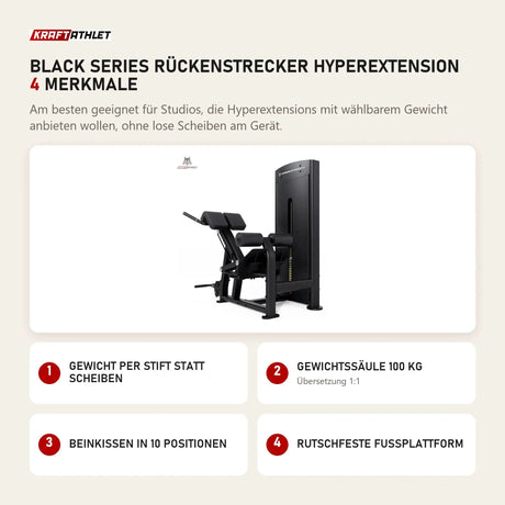 Titanium Strength Black Series Rückenstrecker Hyperextension mit 4 Merkmalen: Gewicht per Stift statt Scheiben, Gewichtssäule 100 kg, Beinkissen in 10 Positionen, Rutschfeste Fußplattform