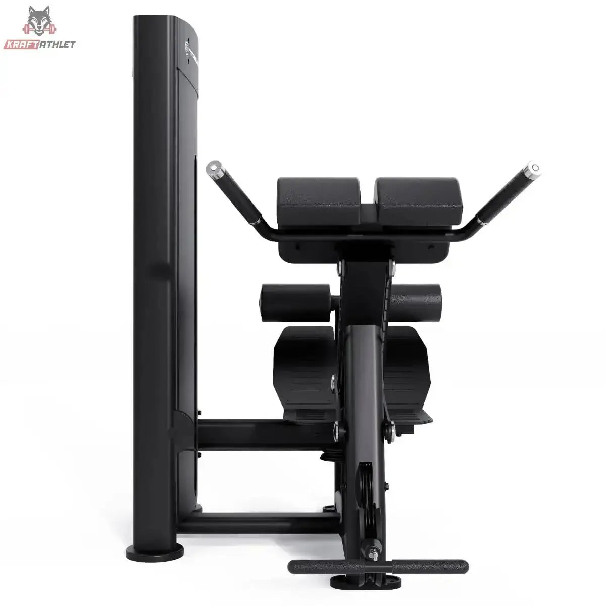 Titanium Strength Black Series Rückenstrecker Hyperextension – Seitenansicht mit Beinpolstern und Gewichtsturm, schwarz