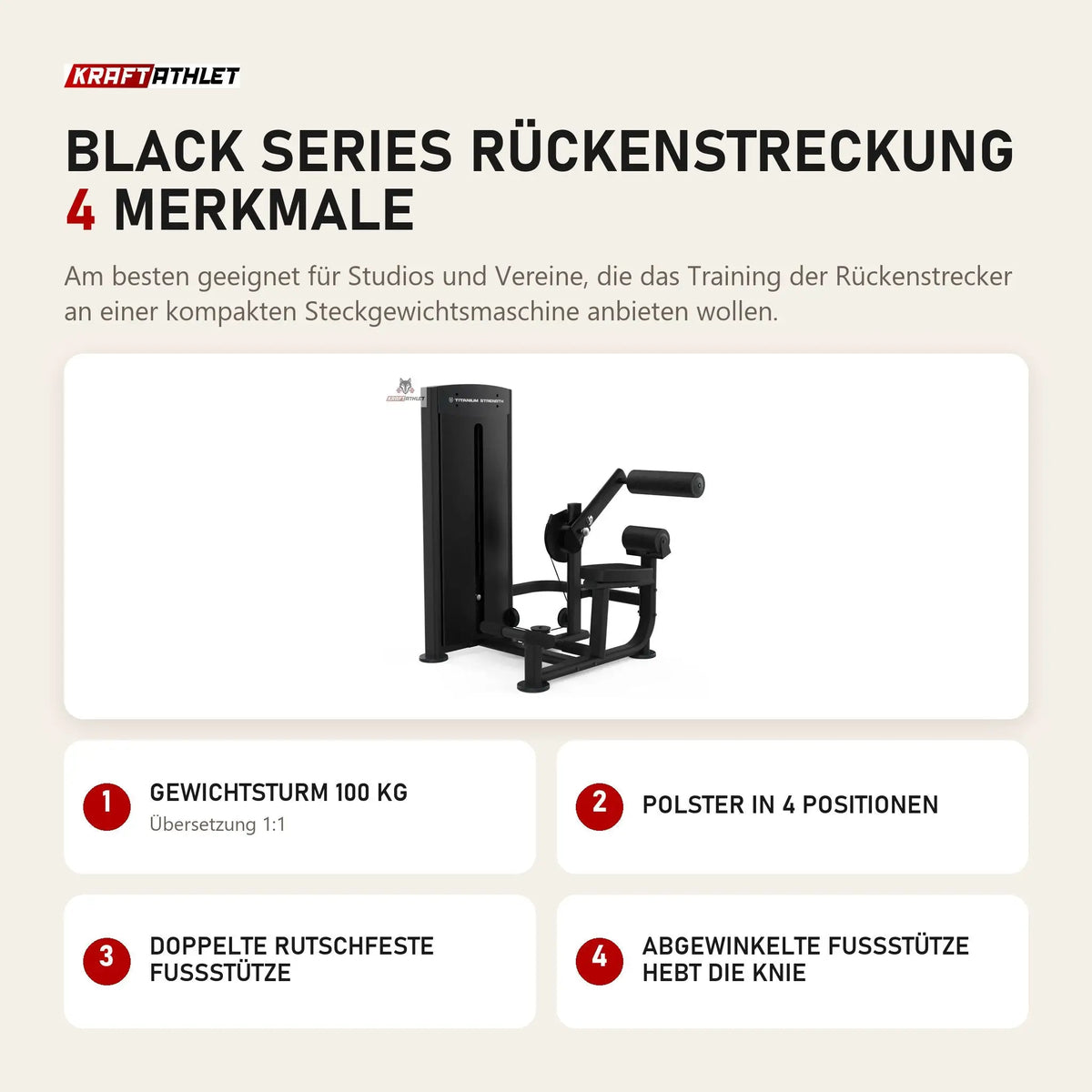 Titanium Strength Black Series Rückenstreckung mit 4 Merkmalen: Gewichtsturm 100 kg, Polster in 4 Positionen, Doppelte rutschfeste Fußstütze, Abgewinkelte Fußstütze hebt die Knie