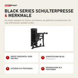 Titanium Strength Black Series Schulterpresse mit 4 Merkmalen: Griffe horizontal oder neutral, Gewichtsturm 100 kg, Sitzhöhe in 8 Positionen, Rückenlehne in 8 Positionen