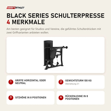 Titanium Strength Black Series Schulterpresse mit 4 Merkmalen: Griffe horizontal oder neutral, Gewichtsturm 100 kg, Sitzhöhe in 8 Positionen, Rückenlehne in 8 Positionen