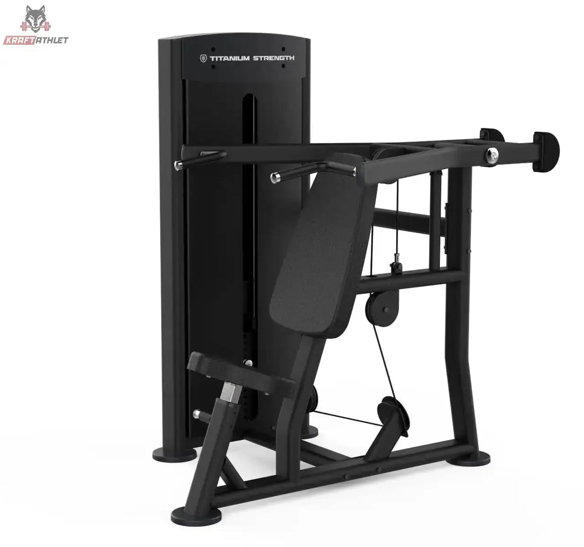 Titanium Strength Black Series Schulterpresse: Schrägansicht mit Rückenlehne und Druckgriffen, in Schwarz