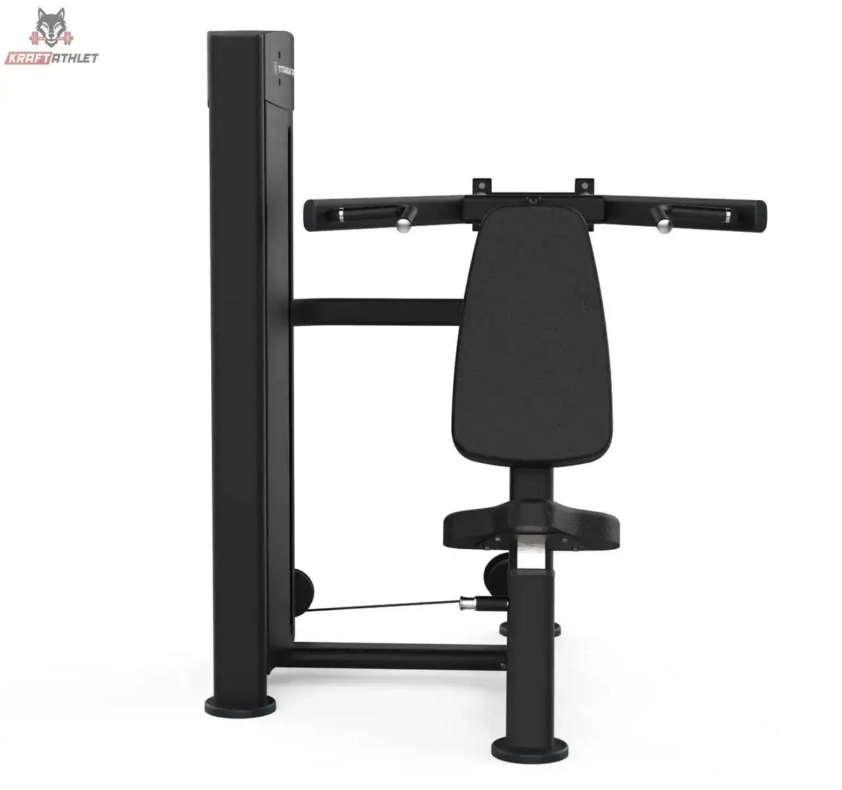 Titanium Strength Black Series Schulterpresse: Vorderansicht mit Rückenpolster und langen Griffen, in Schwarz