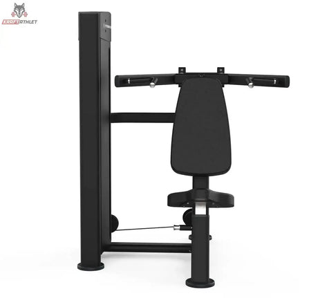 Titanium Strength Black Series Schulterpresse: Vorderansicht mit Rückenpolster und langen Griffen, in Schwarz