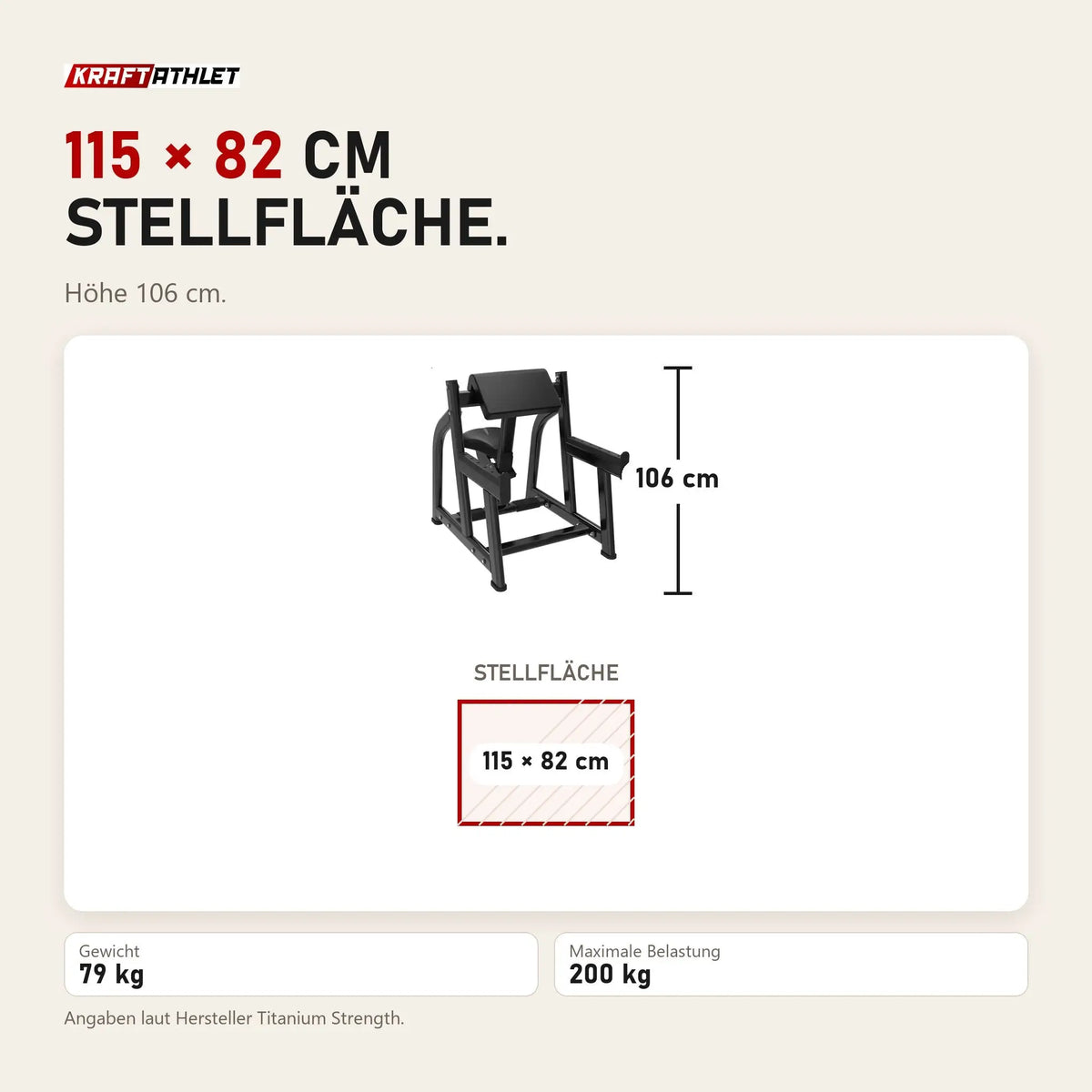 Maßbild Titanium Strength Black Series Scott-Bank Preacher: Stellfläche 115 × 82 cm, Höhe 106 cm