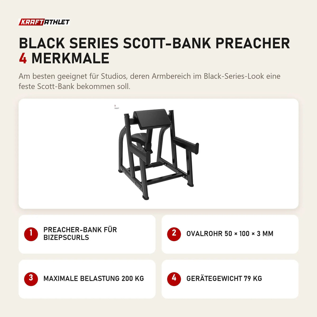 Titanium Strength Black Series Scott-Bank Preacher mit 4 Merkmalen: Preacher-Bank für Bizepscurls, Ovalrohr 50 × 100 × 3 mm, Maximale Belastung 200 kg, Gerätegewicht 79 kg
