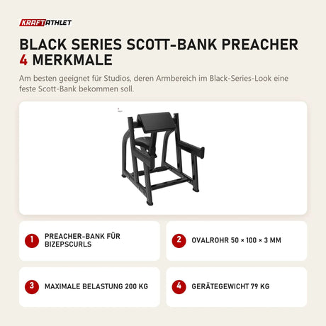 Titanium Strength Black Series Scott-Bank Preacher mit 4 Merkmalen: Preacher-Bank für Bizepscurls, Ovalrohr 50 × 100 × 3 mm, Maximale Belastung 200 kg, Gerätegewicht 79 kg