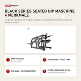 Titanium Strength Black Series Seated Dip Maschine mit 4 Merkmalen: Dips im Sitzen, Ovalrohr 50 × 100 × 3 mm, Für alle Leistungsstufen, Plate-Loaded bis 200 kg