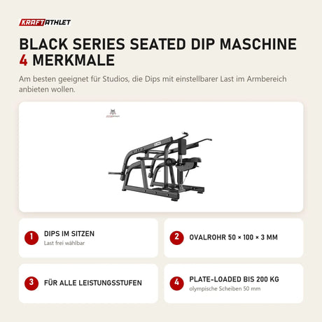 Titanium Strength Black Series Seated Dip Maschine mit 4 Merkmalen: Dips im Sitzen, Ovalrohr 50 × 100 × 3 mm, Für alle Leistungsstufen, Plate-Loaded bis 200 kg