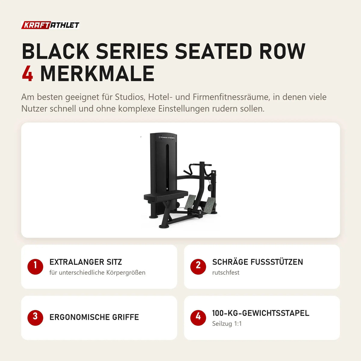 Titanium Strength Black Series Seated Row mit 4 Merkmalen: Extralanger Sitz, Schräge Fußstützen, Ergonomische Griffe, 100-kg-Gewichtsstapel