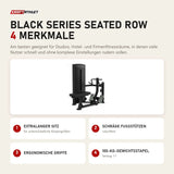 Titanium Strength Black Series Seated Row mit 4 Merkmalen: Extralanger Sitz, Schräge Fußstützen, Ergonomische Griffe, 100-kg-Gewichtsstapel