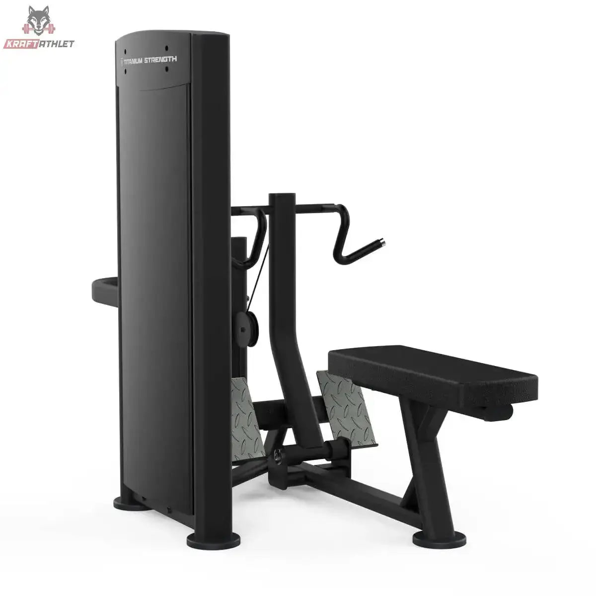 Titanium Strength Black Series Seated Row: Seitenansicht mit Gewichtsturm und Sitzpolster, in Schwarz