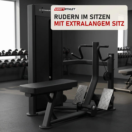 Titanium Strength Black Series Seated Row in einem fertig eingerichteten Studio mit dunklen Wänden und Gummiboden