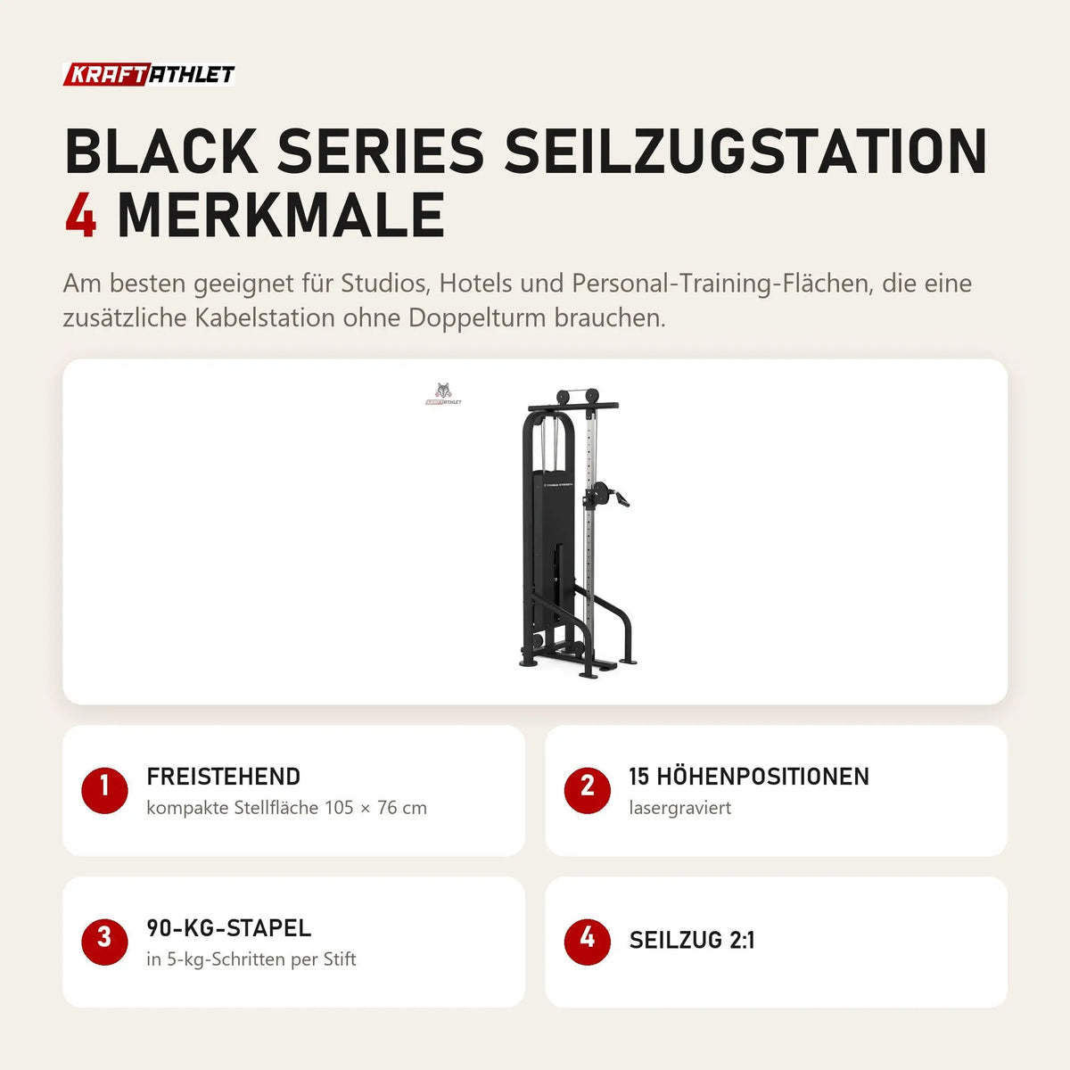 Titanium Strength Black Series Seilzugstation mit 4 Merkmalen: Freistehend, 15 Höhenpositionen, 90-kg-Stapel, Seilzug 2:1