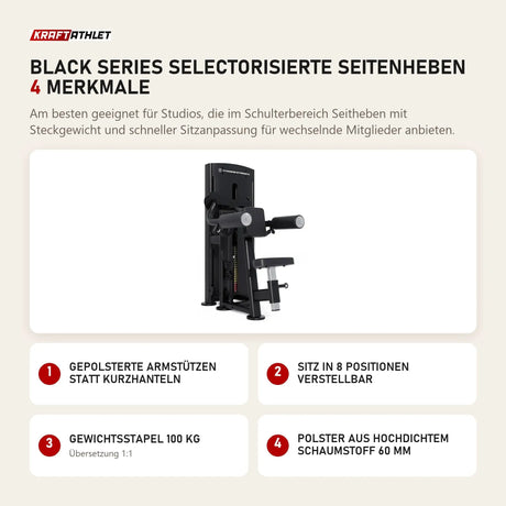 Titanium Strength Black Series Selectorisierte Seitenheben mit 4 Merkmalen: Gepolsterte Armstützen statt Kurzhanteln, Sitz in 8 Positionen verstellbar, Gewichtsstapel 100 kg, Polster aus hochdichtem Schaumstoff 60 mm