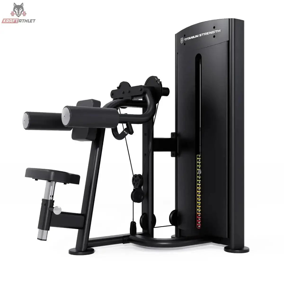 Titanium Strength Black Series Selectorisierte Seitenheben – Schrägansicht von hinten mit Seilzug und Umlenkrolle, schwarz