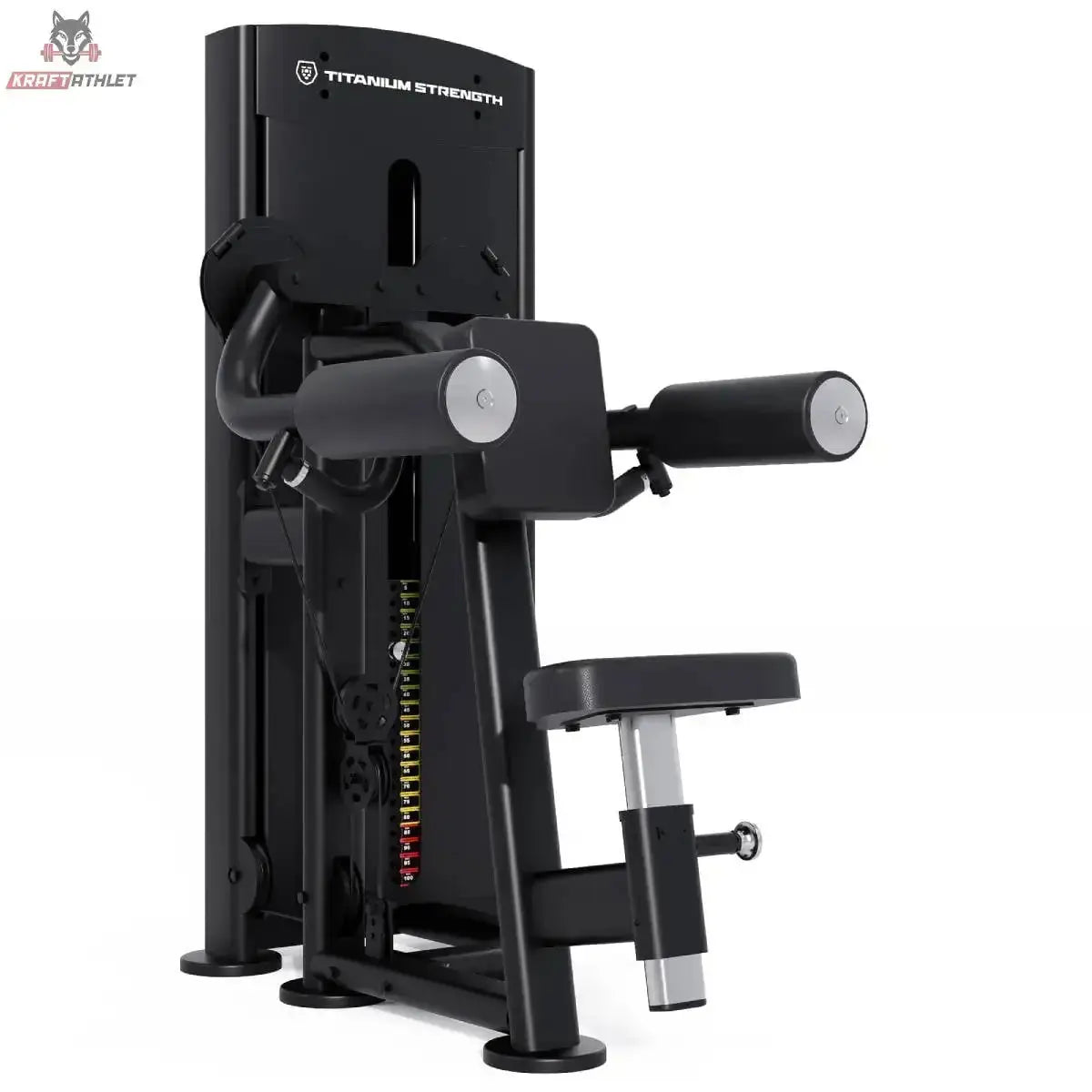 Titanium Strength Black Series Selectorisierte Seitenheben – Schrägansicht von vorne mit Armpolstern, Sitz und Gewichtsstapel, schwarz