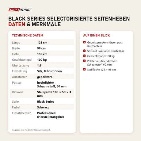 Technische Daten und Merkmale von Titanium Strength Black Series Selectorisierte Seitenheben als Tabelle
